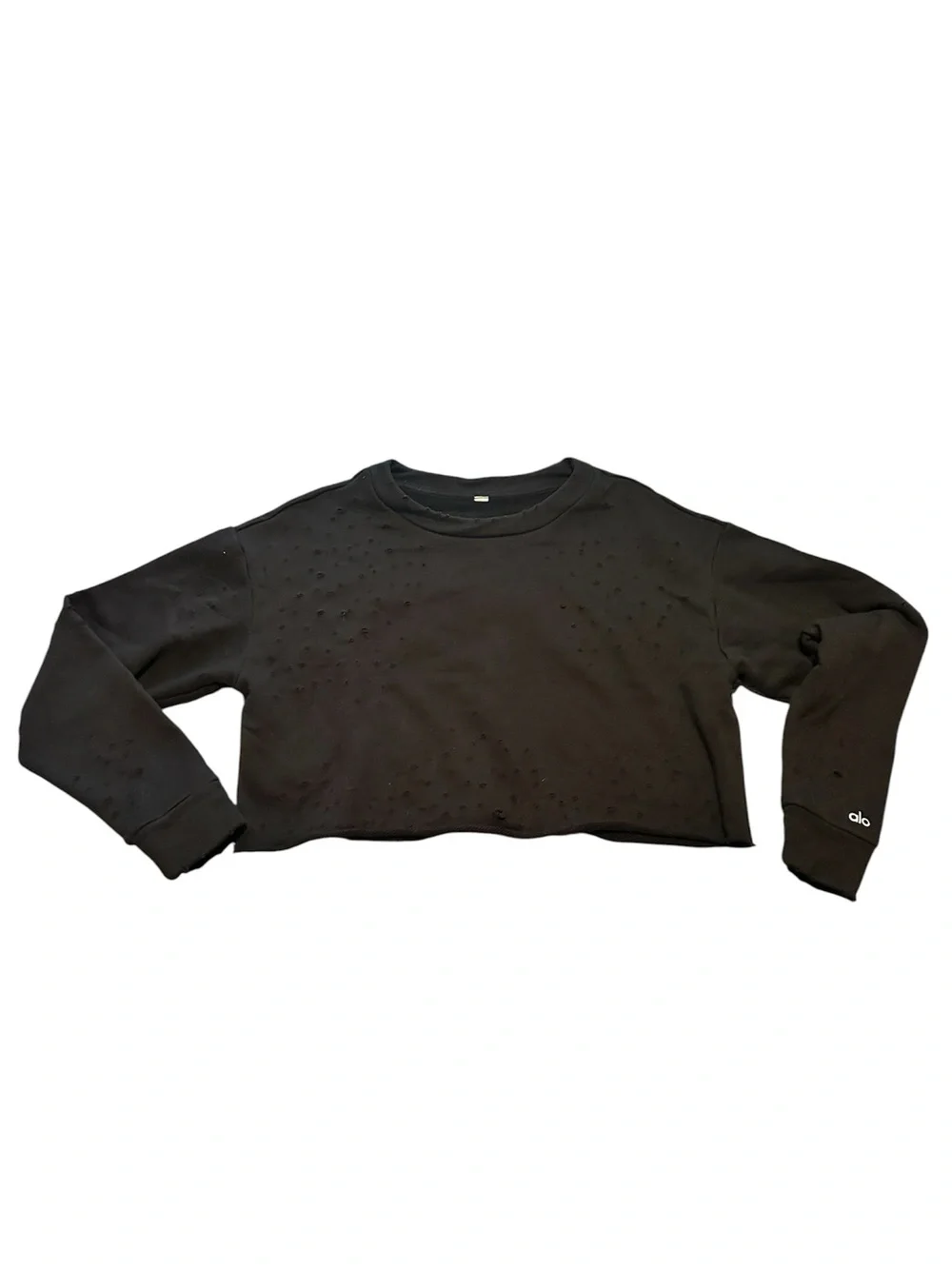 ALO Yoga Black Fierce Distressed Cropped Sweatshirt Size Medium EUC